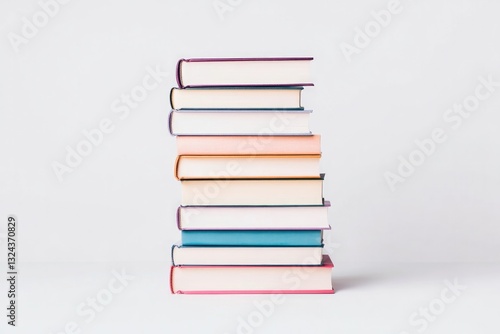 neatly stacked array of colorful hardcover books positioned upright on clean white background provides perfect balance
