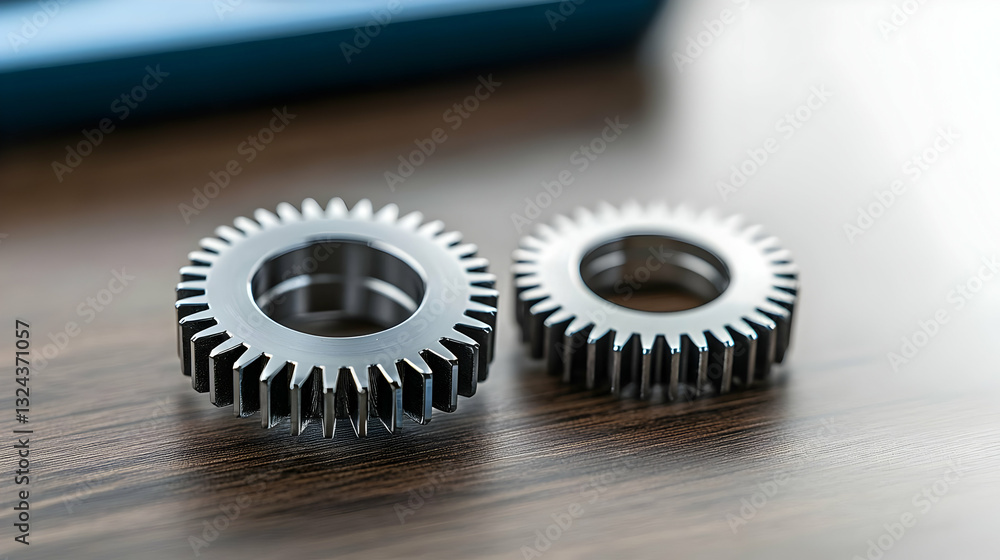 Two Interlocking Shiny Metallic Gears On A Dark Wooden Table In A Close-Up Macro Photography Image Two Interlocking Shiny Metallic Gears On A Dark Wooden Table In A Close-Up Macro Photography Image