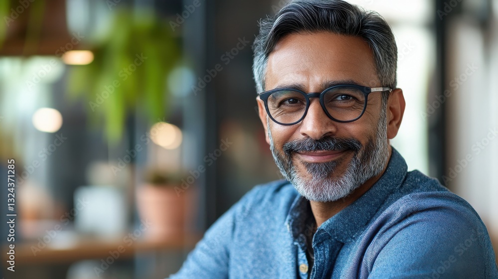 Smiling mature indian man wearing spectacles and looking at camera. Middle eastern confident businessman at office. Portrait of successful mid entrepreneur feeling satisfied and working from home. Smiling mature indian man wearing spectacles and looking at camera. Middle eastern confident businessman at office. Portrait of successful mid entrepreneur feeling satisfied and working from home.