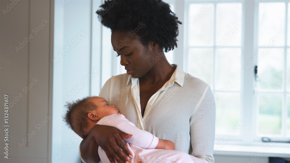 Close Up Of New Mother Standing In Nursery At Home Cuddling Sleeping Baby Daughter Close Up Of New Mother Standing In Nursery At Home Cuddling Sleeping Baby Daughter
