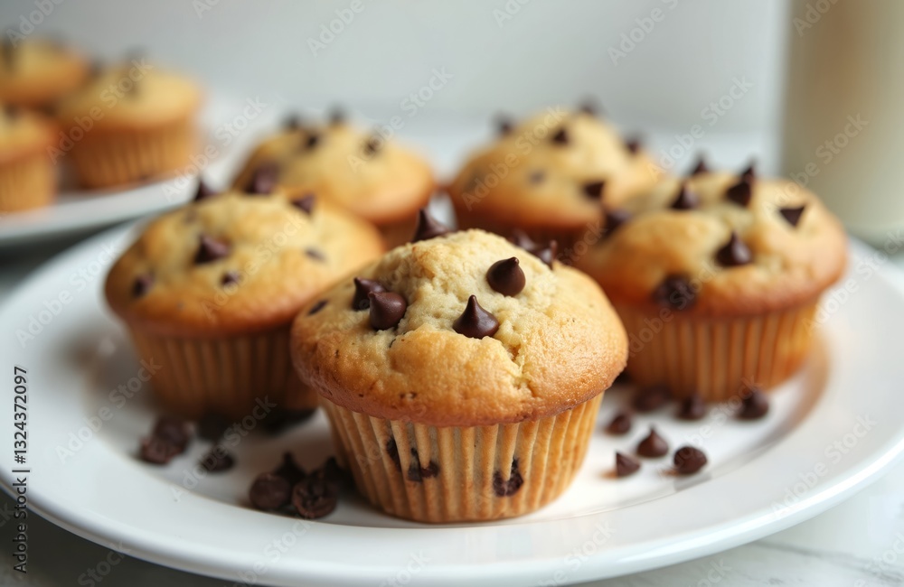 Closeup view of chocolate chip muffins on white plate. Fresh baked gluten-free dessert for breakfast, brunch. Delicious pastries with dark chocolate drops. Sweet snack, tasty treat. Closeup view of chocolate chip muffins on white plate. Fresh baked gluten-free dessert for breakfast, brunch. Delicious pastries with dark chocolate drops. Sweet snack, tasty treat.