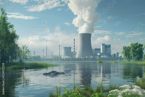 Ultra Quality Picture of Nuclear Power Plant by the River with Clear Skies in the Background photo