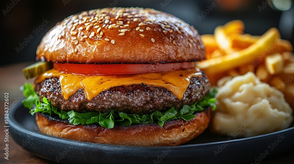 Juicy Cheeseburger with Golden Fries and Mashed Potatoes Juicy Cheeseburger with Golden Fries and Mashed Potatoes