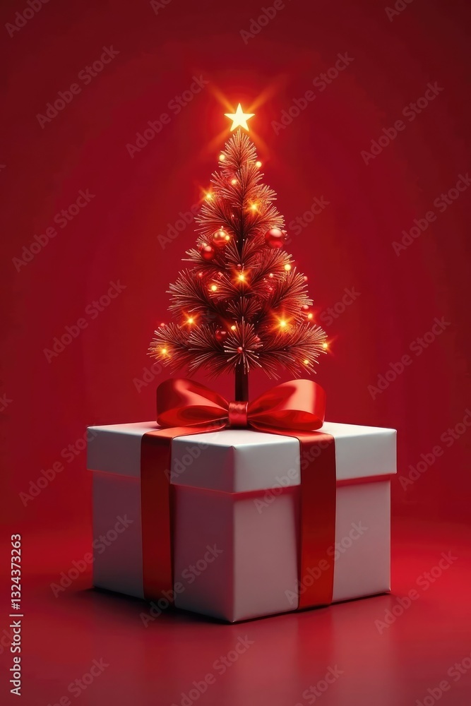 Red ribbon and glowing Christmas tree on top of wrapped gift, shine, color