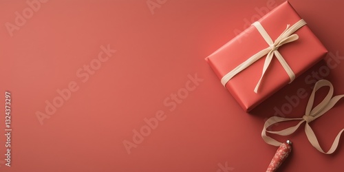 Red gift box wrapped with ribbon placed on a solid background ready for a celebration