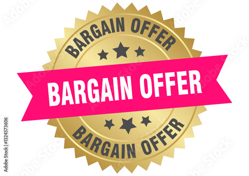 bargain offer. bargain offer round pink and gold label isolated on transparent background