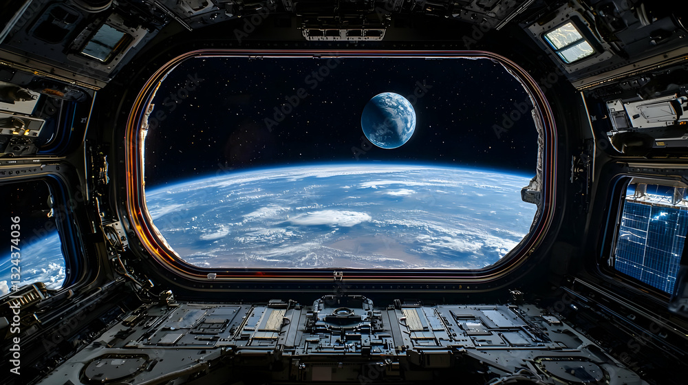 Panoramic View Of Earth And Distant Celestial Body Seen From Spacecraft Window In Deep Black Night Panoramic View Of Earth And Distant Celestial Body Seen From Spacecraft Window In Deep Black Night