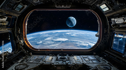 Fototapeta Naklejka Na Ścianę i Meble -  Panoramic View Of Earth And Distant Celestial Body Seen From Spacecraft Window In Deep Black Night