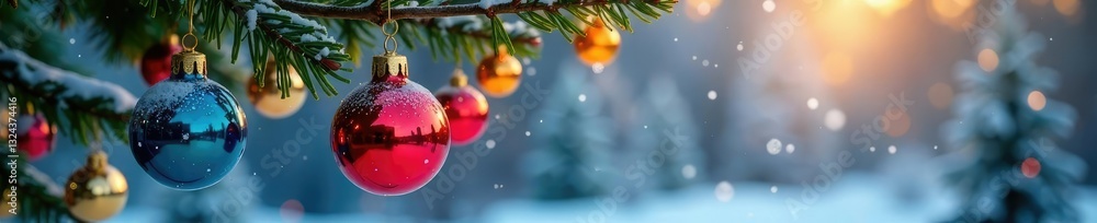 Fototapeta premium Colorful glass ornaments suspended from a Christmas tree branch, winter, glass
