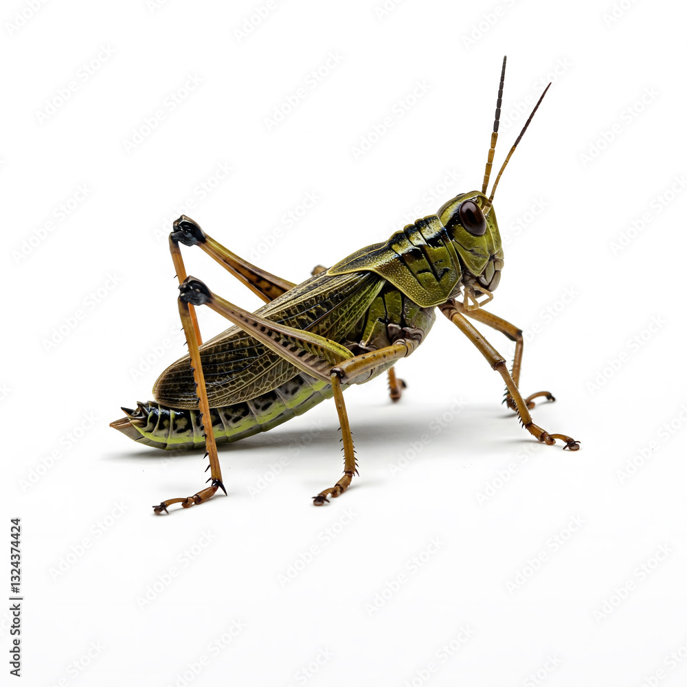 A detailed photograph of a green grasshopper, captured against a clean white background, showcasing its intricate features A detailed photograph of a green grasshopper, captured against a clean white background, showcasing its intricate features