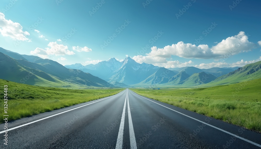 Naklejka premium Empty asphalt road extends towards distant snow mountain range, passes green meadows under blue cloudy sky. Clean mountain air, pristine nature backdrop. Inspiring journey, driving concept.