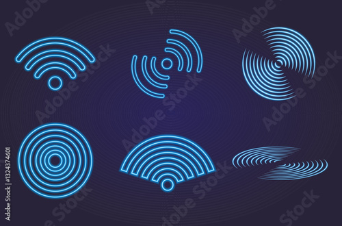 Set Wi-Fi Symbol with Neon Effect, Blue. Internet Waves
