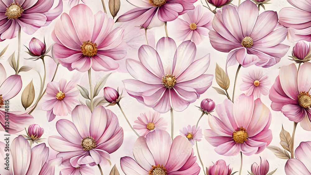 Seamless Pattern Floral Fantasy: A close-up view of a multitude of pink cosmos flowers blossoms in full bloom, arranged in a seamless pattern, conveying the essence of nature's delicate beauty. Seamless Pattern Floral Fantasy: A close-up view of a multitude of pink cosmos flowers blossoms in full bloom, arranged in a seamless pattern, conveying the essence of nature's delicate beauty.