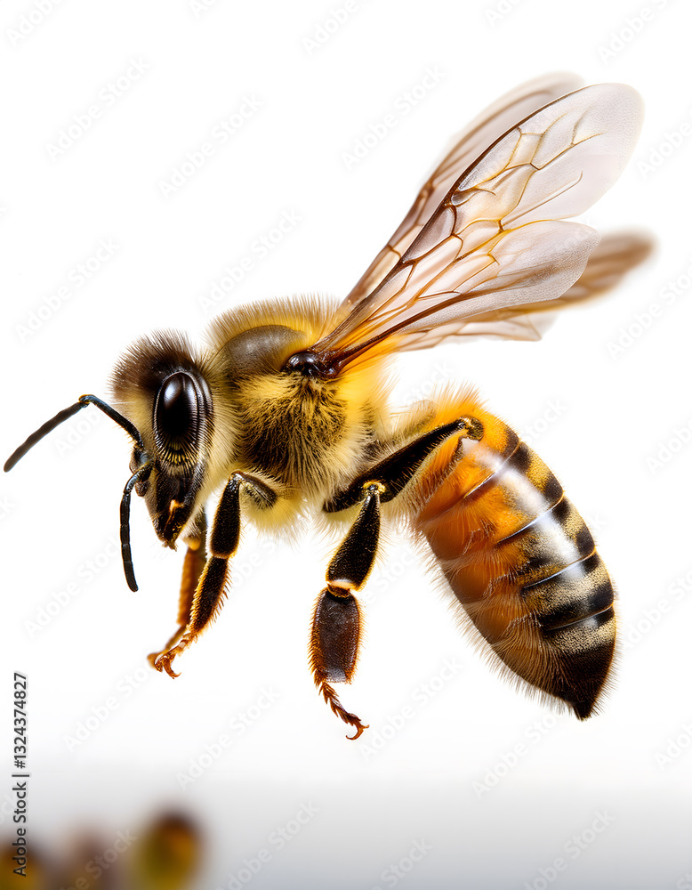 A photorealistic bee with spread wings, featuring intricate details and a warm brown tone, against a clean white background A photorealistic bee with spread wings, featuring intricate details and a warm brown tone, against a clean white background