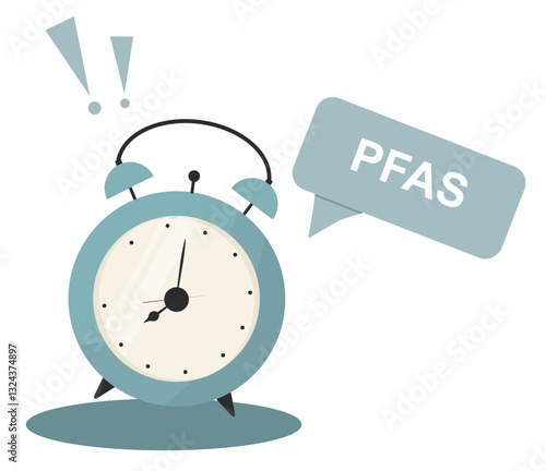 PFAS Environmental Alert Time Alarm Clock Warning. Urgent environmental concern and time-sensitive chemical contamination awareness. PFAS concept. Vector illustration