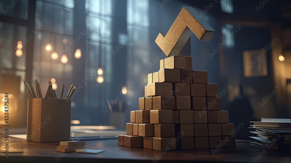 In a cozy home office, wooden blocks are meticulously stacked to make a tower In a cozy home office, wooden blocks are meticulously stacked to make a tower