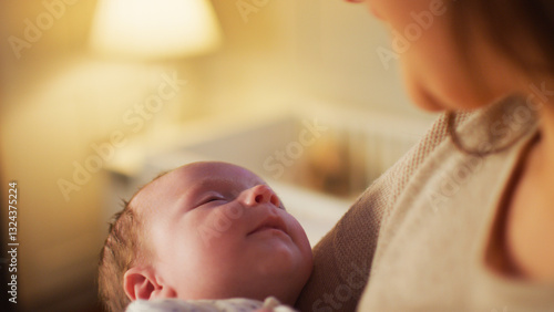 Vászonkép Close Up Of Loving Mother Cuddling Sleeping Newborn Baby Boy At Home