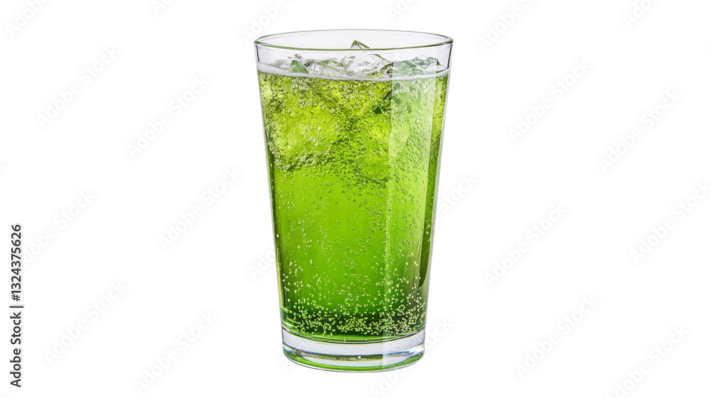 Refreshing green sparkling drink with ice cubes on transparent background Refreshing green sparkling drink with ice cubes on transparent background