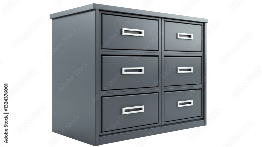 Modern gray filing cabinet with six drawers on transparent background Modern gray filing cabinet with six drawers on transparent background