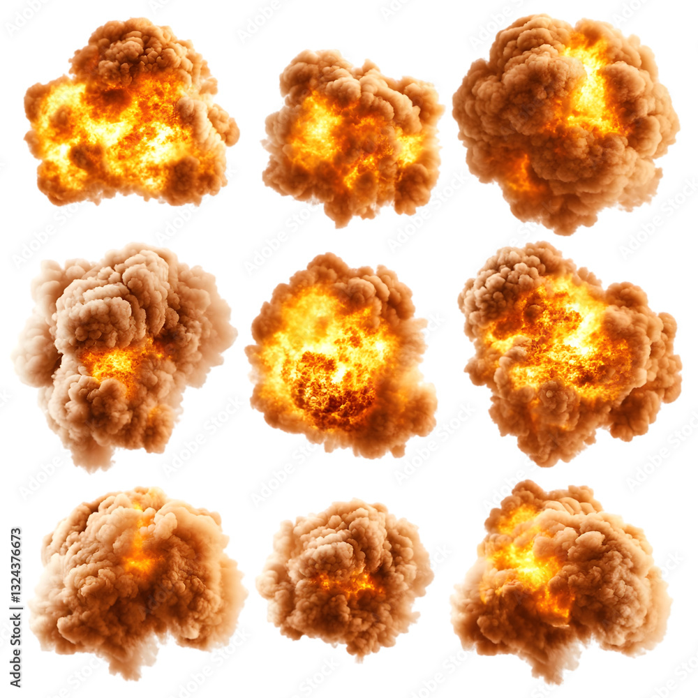 Nine fiery explosion cloud images, isolated on black background. Nine fiery explosion cloud images, isolated on black background.