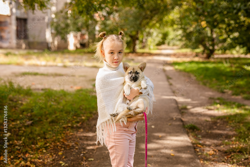 Fototapeta premium Blonde girl in a white poncho holding a small dog in a warm, sunny, old park