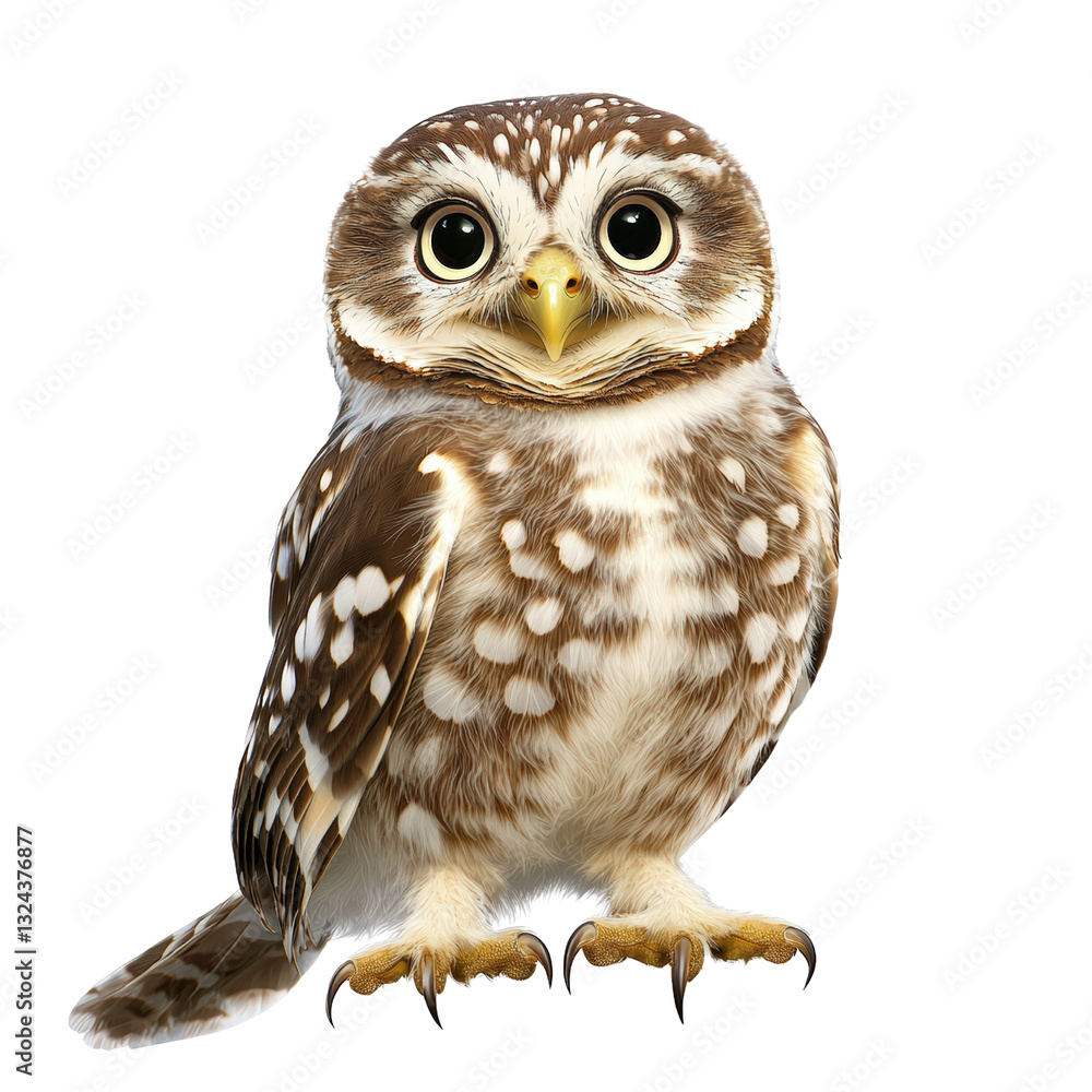 Naklejka premium Small owl sitting quietly on a solid black background emphasizing its large eyes and unique feather patterns isolated on a white background.