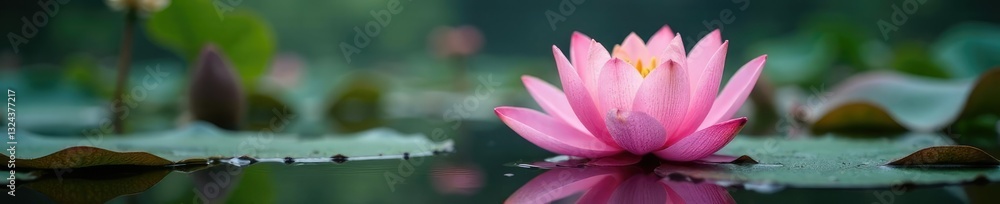 Soft pink lotus blooms float on glassy pond surface, dew drops, lotus flowers Soft pink lotus blooms float on glassy pond surface, dew drops, lotus flowers