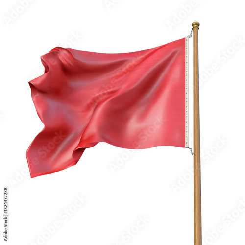 Vibrant red flag flapping in the wind against a clear blue sky symbolizing warning or alert in various contexts isolated on a white background.
