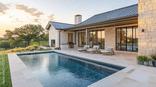 Hill Country Modern Home's Sunset Poolside View