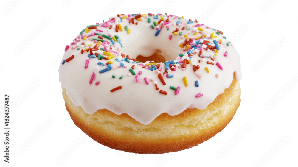Delicious donut with white icing and colorful sprinkles on transparent background Delicious donut with white icing and colorful sprinkles on transparent background