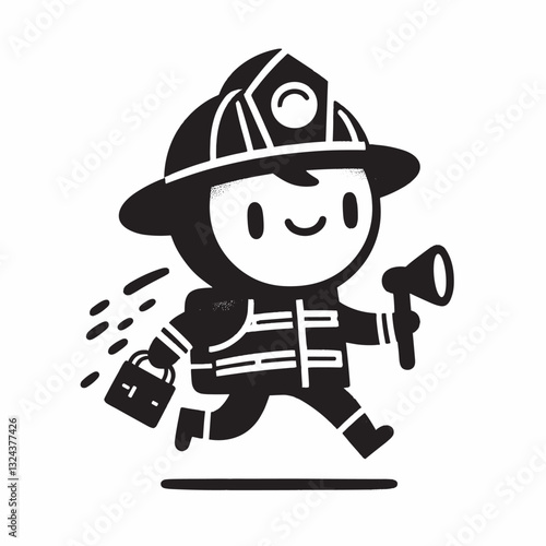 Cute Firefighter Character in Black and White Vector Illustration