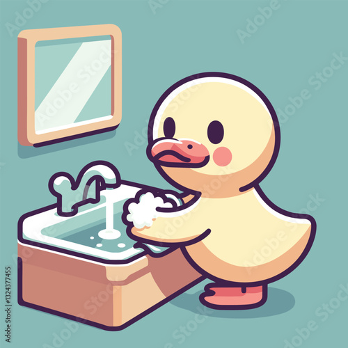 Cute Cartoon Duck Washing Hands at Sink in Adorable Scene