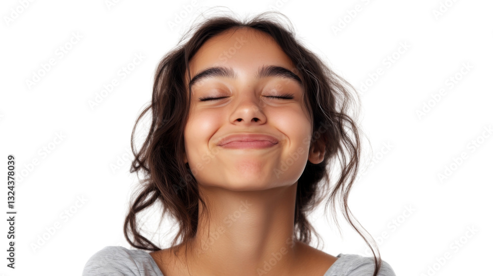 Young woman smiling with closed eyes and transparent background Young woman smiling with closed eyes and transparent background