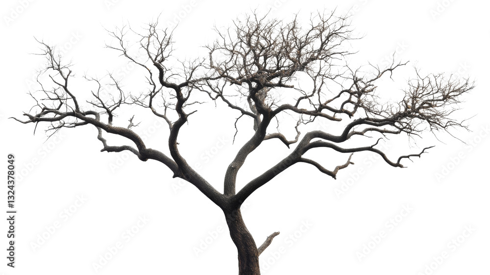 Fototapeta premium Leafless tree with twisted branches standing tall on transparent background