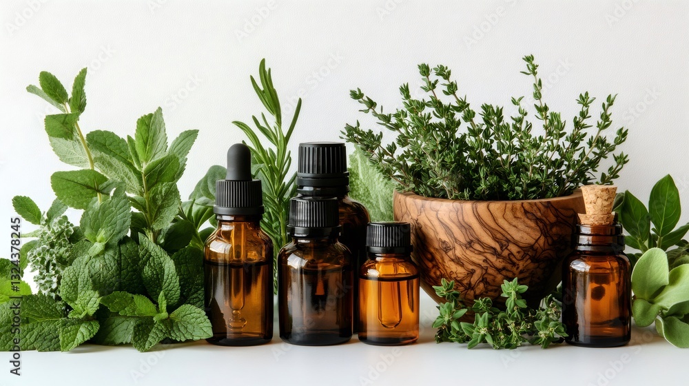 Bottles of essential oil with fresh herbs on white background Bottles of essential oil with fresh herbs on white background