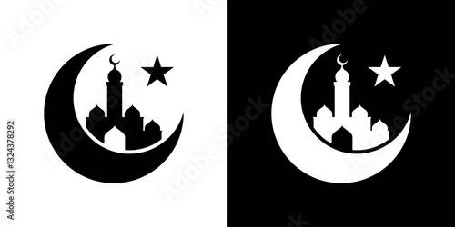 Silhouetted Islamic Crescent Moon and Mosque Icon Design in Contrasting Colors