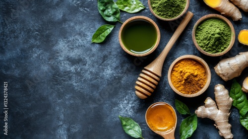 Fototapeta Naklejka Na Ścianę i Meble -  Variety of superfoods including turmeric, ginger, honey and matcha tea promoting healthy lifestyle