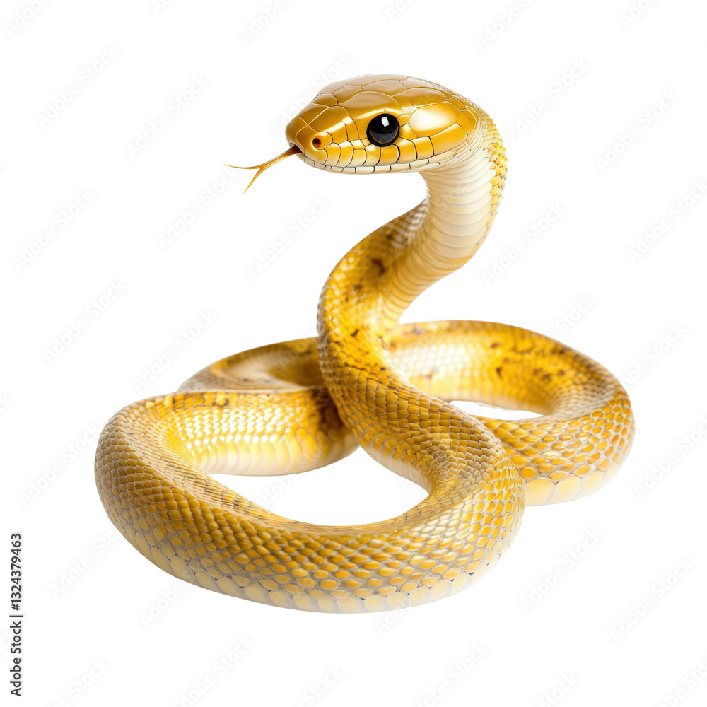 Fototapeta premium A dazzling yellow snake coiled elegantly on a branch surrounded by lush green foliage highlighting its beauty isolated on a white background.