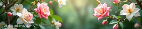Soft pink roses and white lilies suspended in the air amidst branches, greenery, floral installation, nature