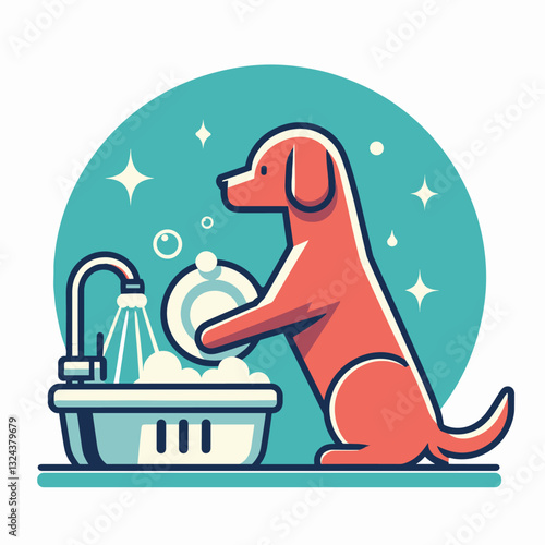 Dog Washing Dishes in Kitchen - Cute Vector Illustration with Bubbles and Sparkles