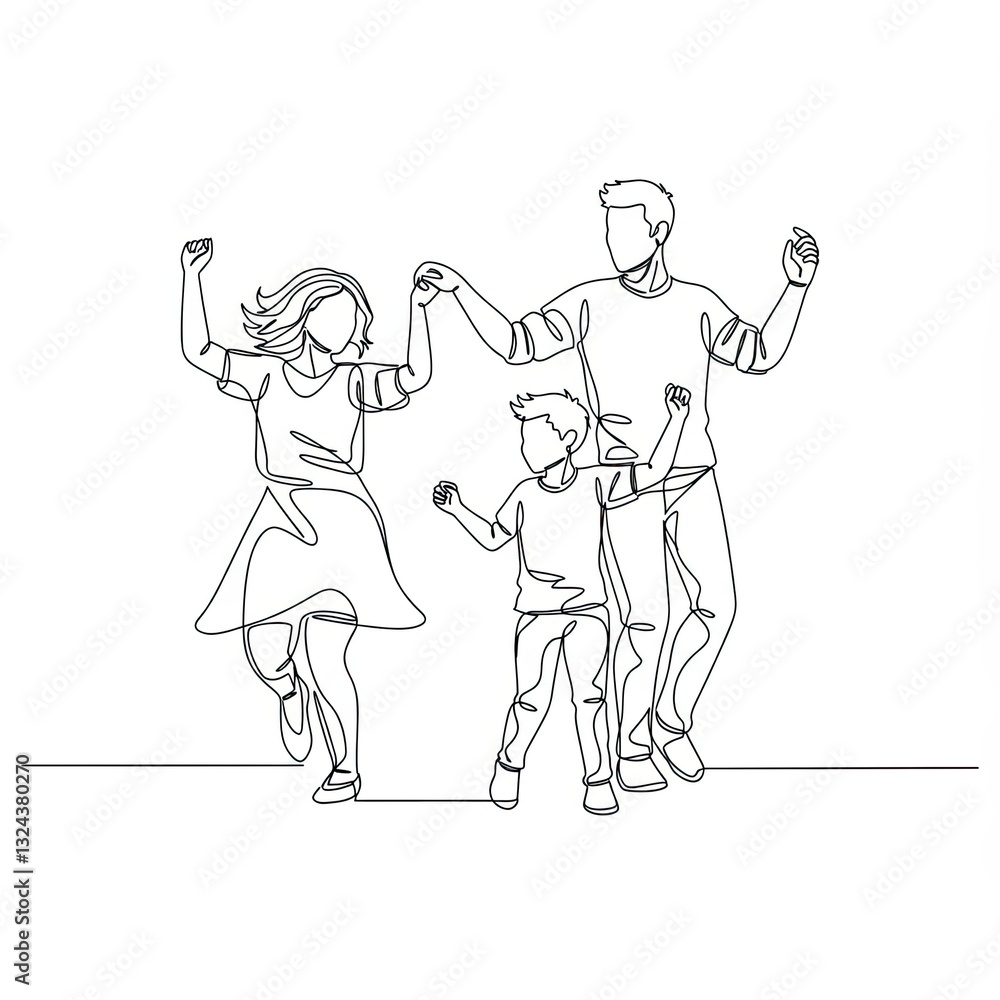Happy family dancing together, holding hands, in a continuous line drawing style Happy family dancing together, holding hands, in a continuous line drawing style