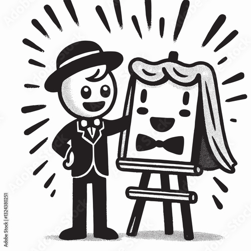 Vintage Cartoon Artist Unveiling Artwork in Black and White Retro Style