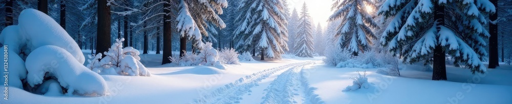 Obraz premium The forest floor is blanketed with a thick layer of fresh snow, cold weather, snowy scenery, snow covered ground