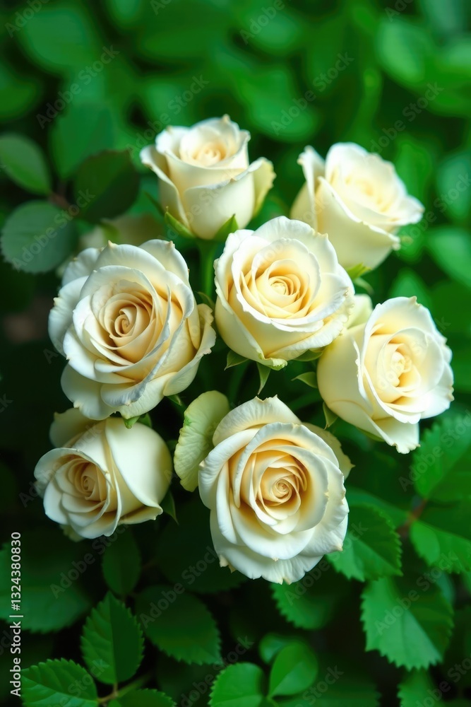 A bouquet of white roses rests on a bed of emerald green, garden, nature, luxurious A bouquet of white roses rests on a bed of emerald green, garden, nature, luxurious