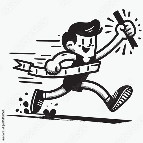 Joyful Runner Crossing Finish Line in Retro Black and White Cartoon