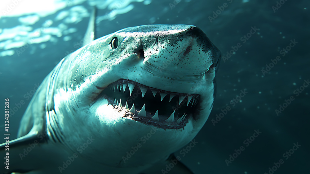 Obraz premium Realistic close-up animation of a great white shark swimming powerfully through the ocean depths, its sharp teeth and piercing eyes in focus 