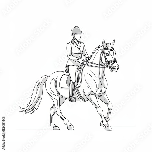 Continuous line drawing of equestrian rider trotting on horseback in dressage competition photo