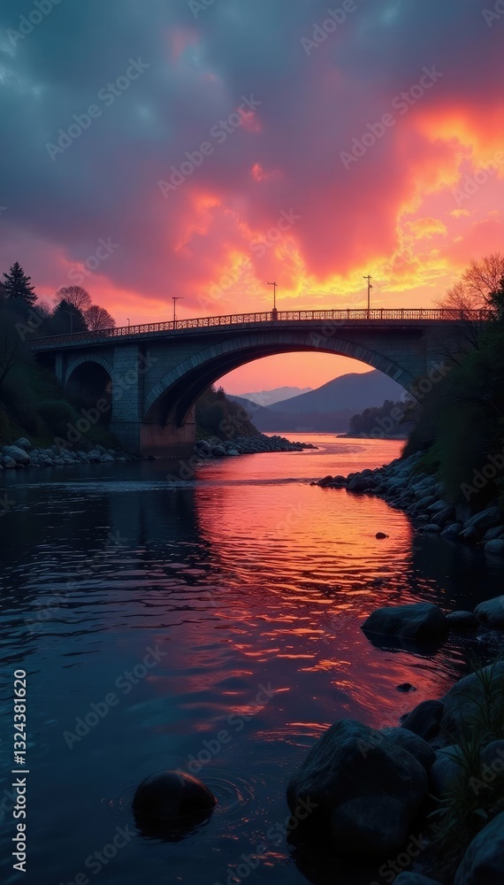 Fototapeta premium A bridge stretches across the dark waters of a river at dawn, bridge, water