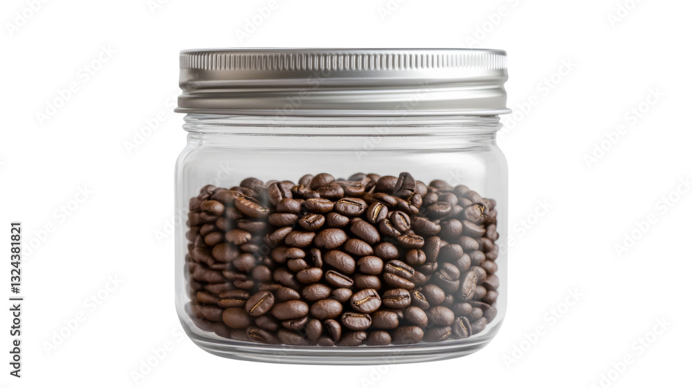 Roasted coffee beans preserved in transparent glass jar with metal lid Roasted coffee beans preserved in transparent glass jar with metal lid