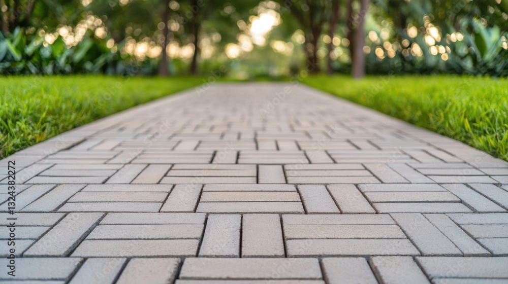 Fototapeta premium Construction Ash Cement Concept, Sustainable Permeable Pavers Pathway Designed with Fly Ash and Cement in a Lush Green Environment